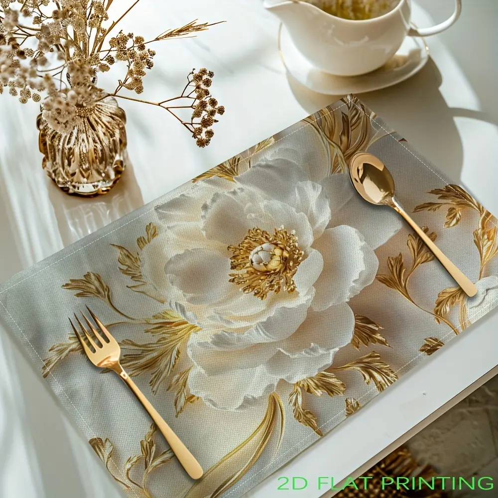 Linen Floral Print Placemats with Golden Accents - 4/6pcs Lightweight Large Rectangular Kitchen & Dining Mats, Easy to Clean, Heat Resistant, Machine Washable Durable Tableware Accessory for Home Decor