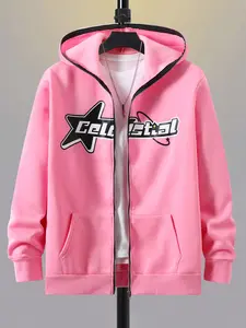 Y2K Style Loose Fit Hooded Sweatshirt, All over Letter & Star Pattern Design, Spring Fall Casual Wear, Unisex Streetwear