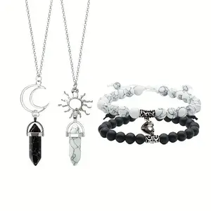 4PCS Jewelry Set -  Pendants Necklaces with Beaded Bracelets, Adjustable Stackable Kit for Couples & Casual Wear