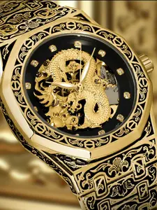 Vintage Dragon Design Mechanical Watch for Men Luminous Rhinestone Wristwatch Fashionable All-match Accessory with Box Perfect for Parties & Daily Wear