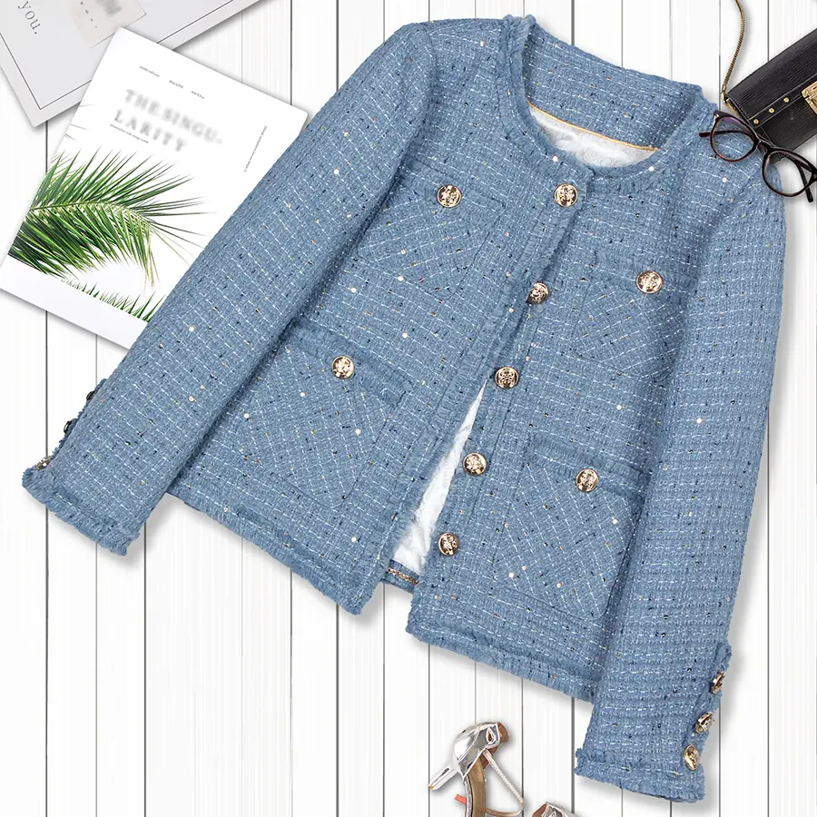 DUSHE Women's Fitted Coarse Tweed Coat - 2026 Autumn Winter High-End Longsleeves Crew Neck Plain Button-Front with Small Tassels Elegant Outerwear, Coats, Tops