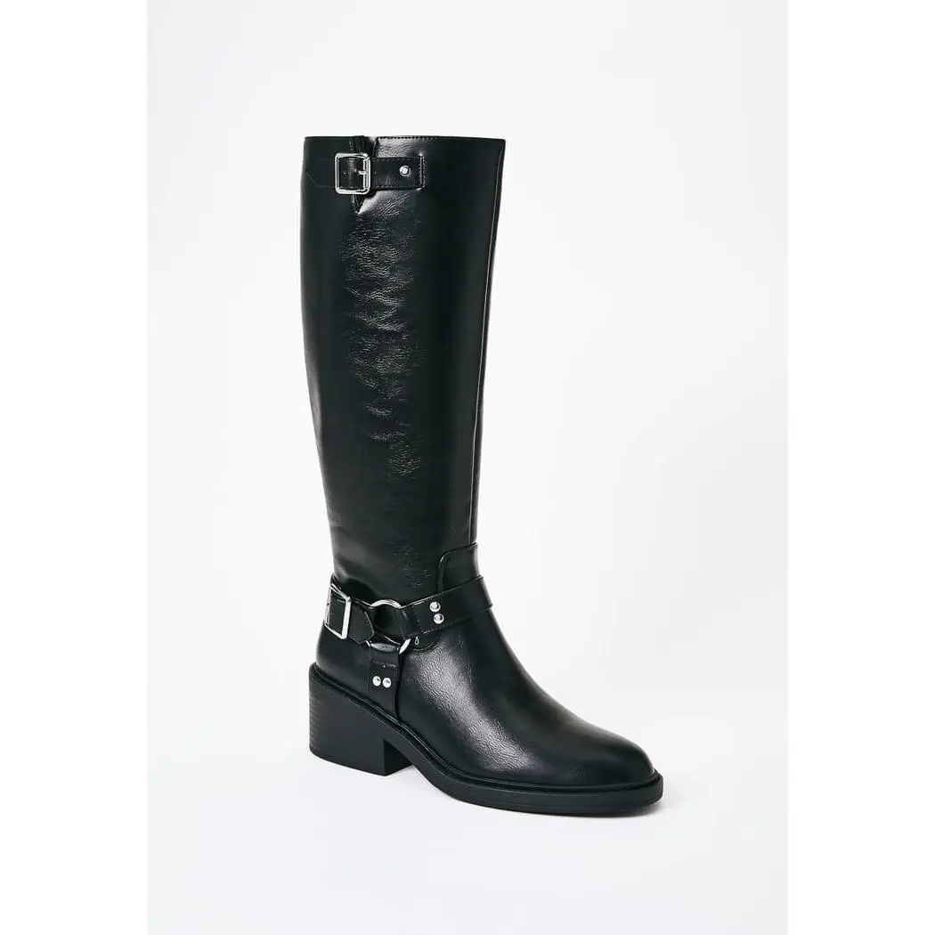 JUST FAB Women Chunky Knee High Boots Functional Side Zipper Boot Buckle Boots Square Toe Pull On Motorcycle Biker Riding Boots