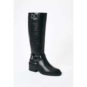 JUST FAB Women Chunky Knee High Boots Functional Side Zipper Boot Buckle Boots Square Toe Pull On Motorcycle Biker Riding Boots