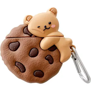 For Airpods 2/1 Case,Cute 3D Cartoon Cookie Bear AirPods 2 2nd Generation Cover Kawaii Soft Silicone Protective Cover with Keychain Shockproof Charging Case for AirPods 1&2 for Girls