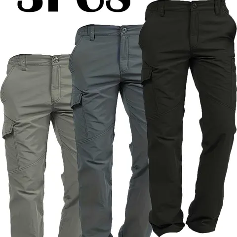 3PCS Sporty Men's Flap Pocket Waterproof Cargo Pants, Regular Fit Sport Quick Drying Jogger Trousers, Pants for Men, Men's Joggers for All Seasons