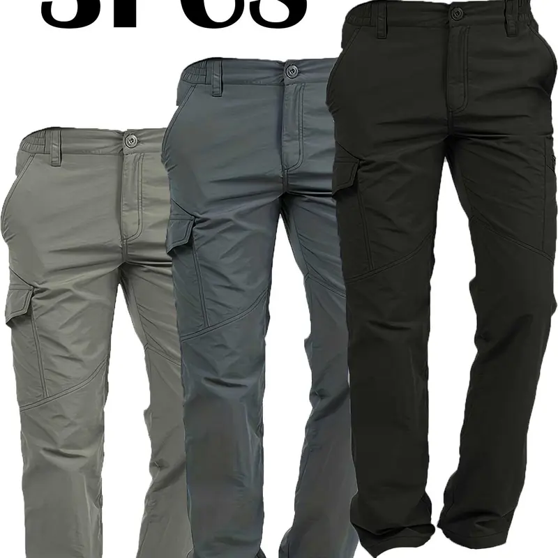 3PCS Sporty Men's Flap Pocket Waterproof Cargo Pants, Regular Fit Sport Quick Drying Jogger Trousers, Pants for Men, Men's Joggers for All Seasons
