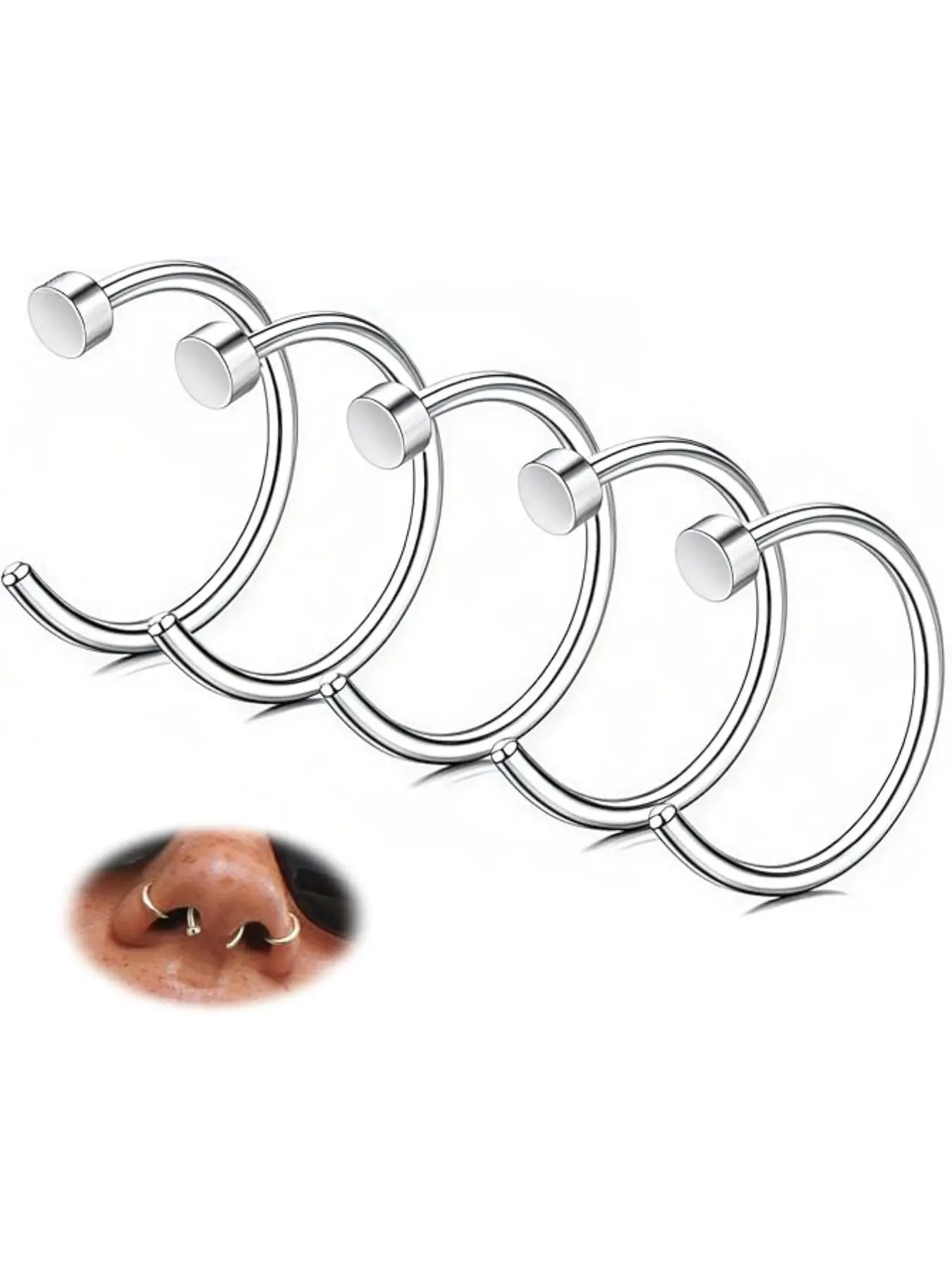 18g-22g Stainless Steel Body Jewelry Nose Piercing Jewelry Nose Ring Hoop Hinged Nose Ring Septum Nose Ring Set for Women, 5pcs Casual Plain Design for All Seasons