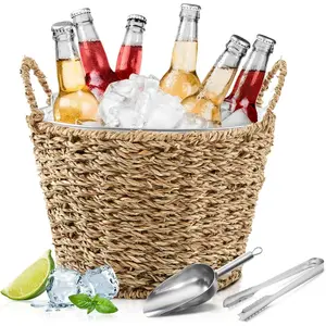 5 Quart Ice Bucket with Wicker Outer Basket, Scoop, Tong and Handle, Beverage Tub Grass Rope Woven Farmhouse Galvanized Bucket for Party Seaside Bar Buffet Wine Beer Bottle