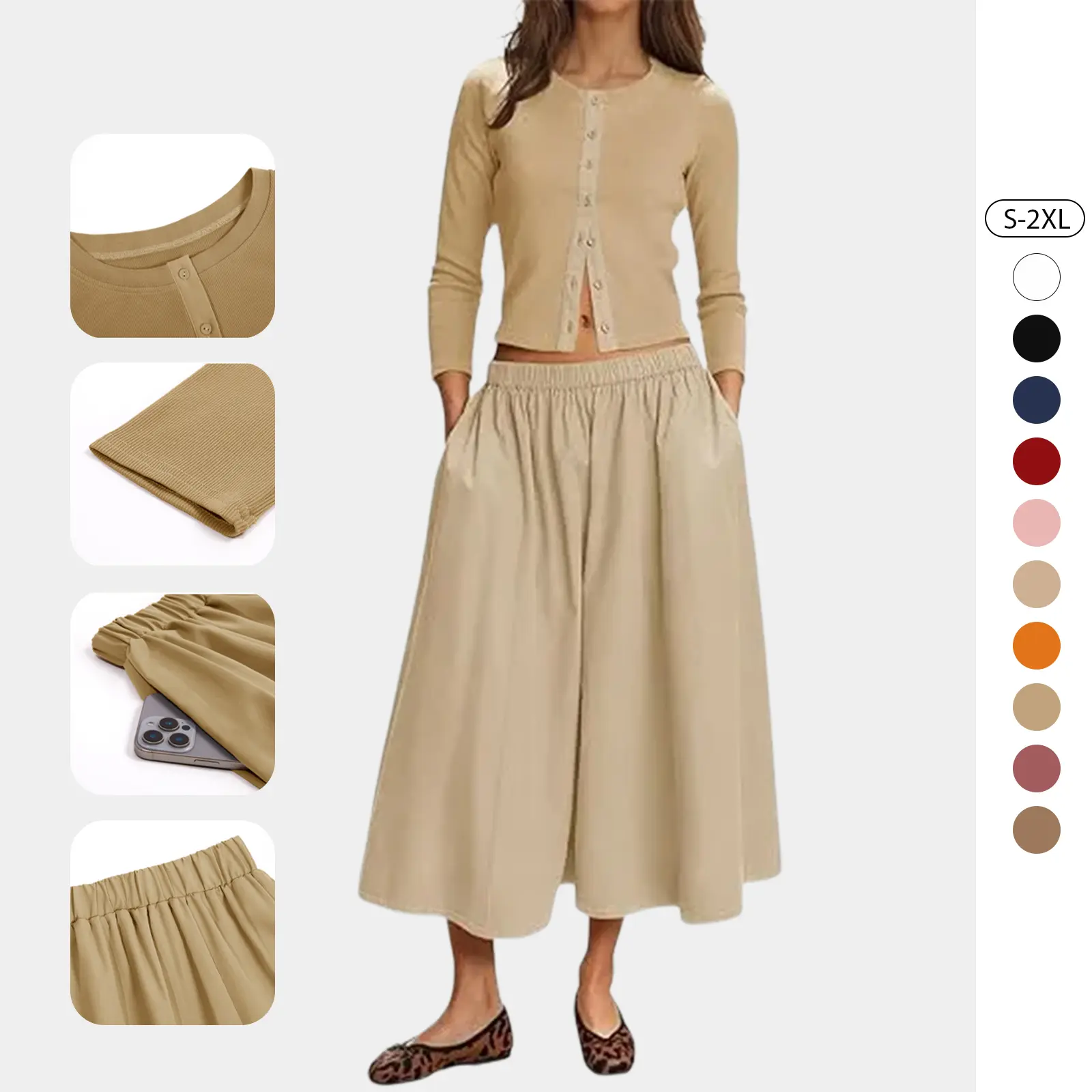 Tankaneo Womens 2 Piece Skirt Sets 3/4 Sleeve Knit Cardigan Elastic Waist Midi Skirt Outfits Casual Matching Dress Set