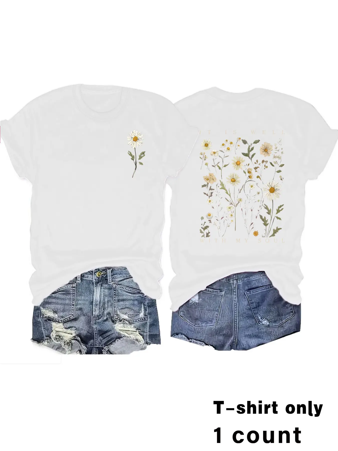Women's Floral Print Daisy Blouse, Short Sleeve Round Neck Casual Top, Medium Stretch All-Season Comfort, Shirts