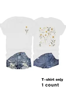 Women's Floral Print Daisy Blouse, Short Sleeve Round Neck Casual Top, Medium Stretch All-Season Comfort