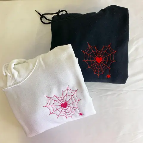 Custom Halloween Embroidery Couple Hoodie, Spiderweb Heart Hoodie, Matching Couple Hoodie, Spooky Season, Halloween Gift for Him Her