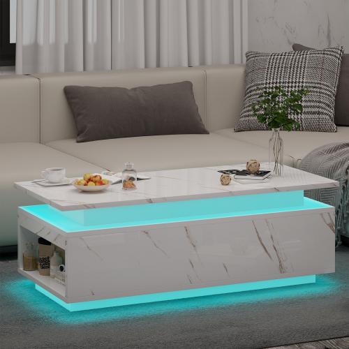 47" Modern Coffee Table with 24-Color LED with Wireless Charging, Bluetooth Speaker, and USB Ports, High Glossy Marble Coffee Table with Large Open 2-Tier Storage and Shelves for Living Room - White