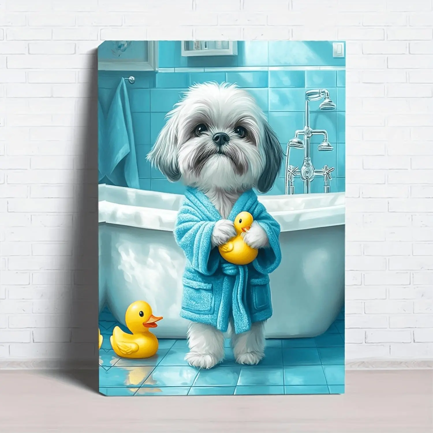 1pc Cute Shih Tzu Dog Painting - Framed Canvas Print with Bathtub Scene, Adorable Fluffy Puppy Wall Art, Wood Frame Home Decor Suitable for Home, Office, Pet Lover Gift