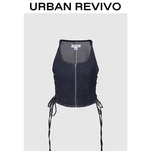 URBAN REVIVO Women's Sleeveless Full-Zip Drawstring Waist Denim Jacket - Minimalist Outerwear, 2025 Trendy Casual Outfit Piece, Elegant Versatile Womenswear, Jackets