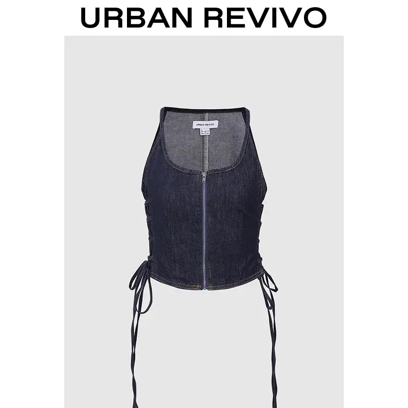 URBAN REVIVO Lady's Chic Solid Sleeveless Denim Jacket - Full-Zip Closure, Drawstring Waist, Cold Wash Women's Tops, Elegant, Casual, Full Zipper, Do Not Dry Clean, Fashion, Vests, Basic, Normal Type, Clothes, Women's Clothes, Full-Zip Front