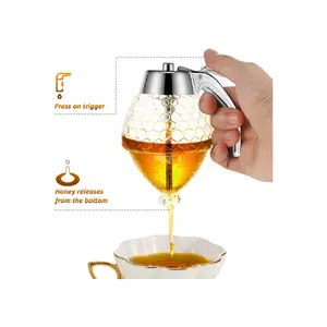 Acrylic Honey Dispenser with Stand Comb Shaped Honey Pot, No Drip Syrup and Sugar Jar Pot with High Capacity Pourer Dispenser