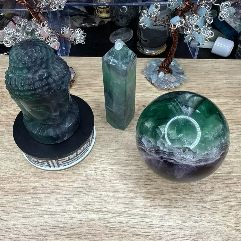 Fluorite "Feel It, Don’t Become It" Natural Crystal Bundle - Religious Home Decor with Tower, Sphere for Buddha-Inspired Supplies, Supporting Emotional Clarity, Energy Balance, Mental Focus, Meditative Calm, Calm Within the Chaos, Room Decor