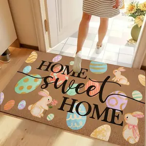 Sweet Home Bunny Easter Eggs Door Mat, Colorful Rabbit Welcome Front Door Mat Indoor Outdoor Entrance, Rustic Spring Doormat Rugs for Bunny Lovers Entry, Boho Floral Rug, Home Decor Painted Floor Rug