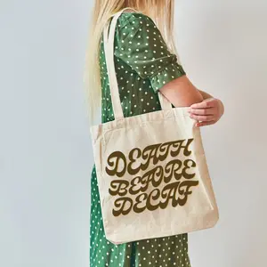 Death Before Decaf Retro Wavy Graphic Cotton Canvas Tote Bag, Coffee Lover Gift, Reusable Grocery Bag, Eco-Friendly Shopping Bag, Market