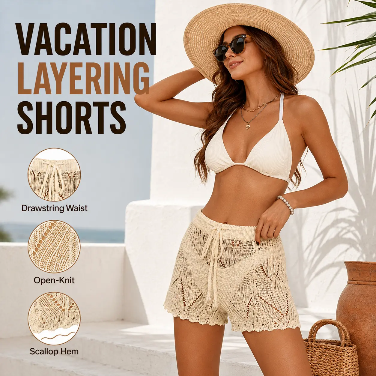 Women’s Crochet Knit Beach Cover-Up Shorts - Drawstring Waist, Scalloped Edge, Knit Fabric for Vacation, Poolside Wear