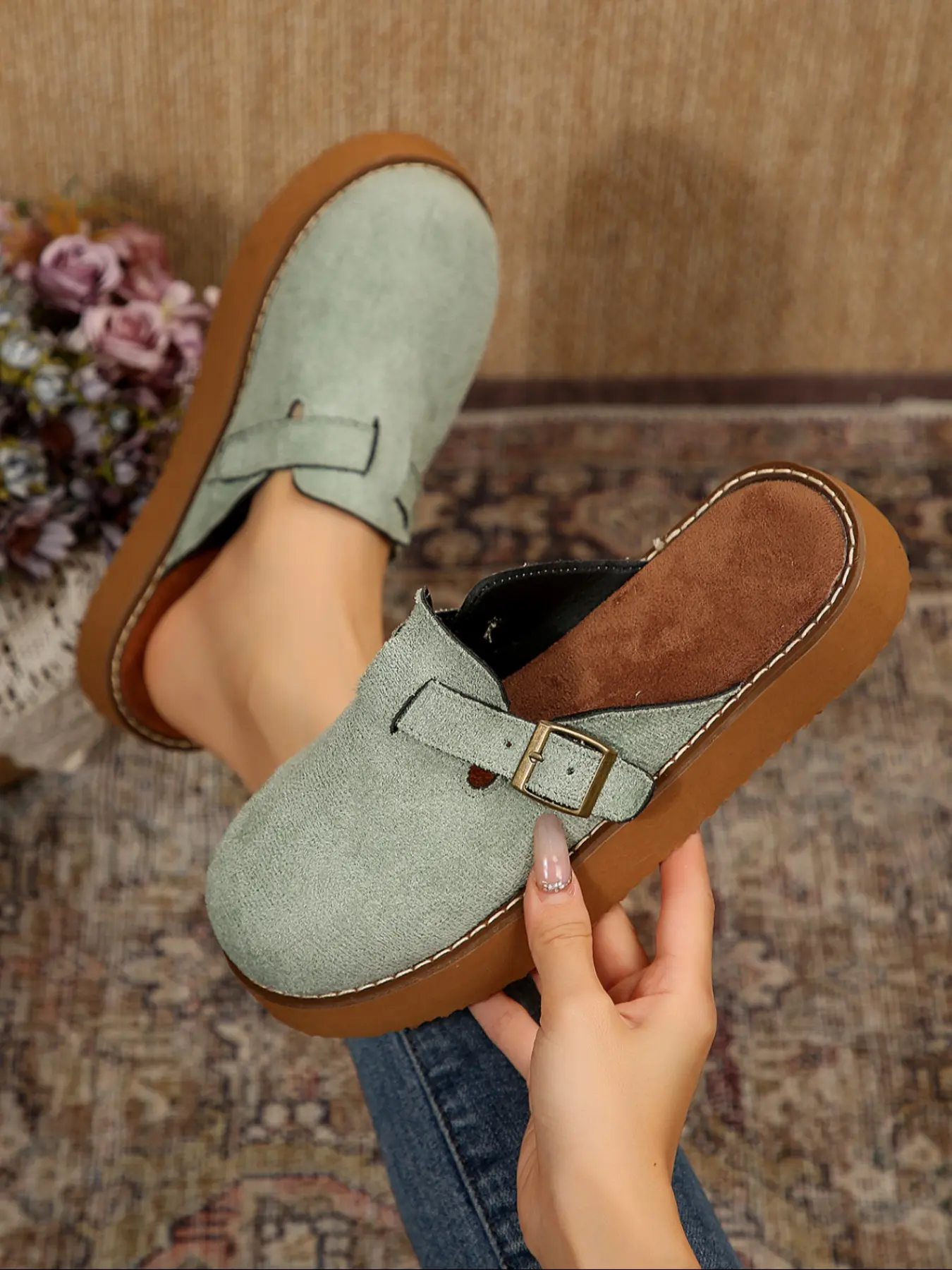 Women's Open-Toe Half Slippers, Minimalist Slip On Clogs, Slip On Mules, Fresh Mint Suede Material, Adjustable Buckle Design, Thick Sole Comfortable Indoor Outdoor Wear
