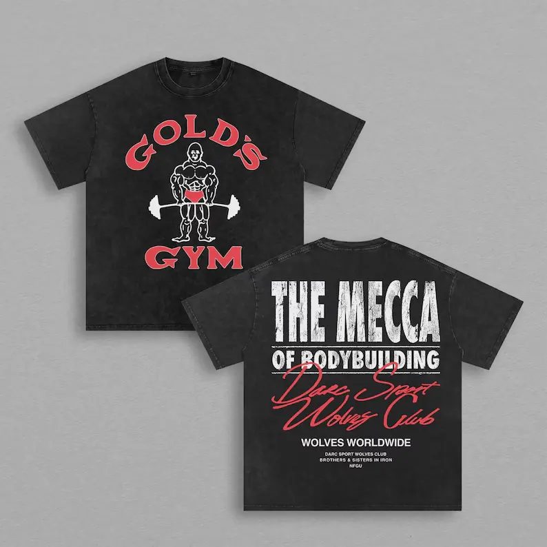 Black Washed Golds Gym The Mecca Of Bodybuilding Vintage Grunge Weightlifting Wolves Club Fitness Graphic T‑Shirt Oversized Cotton Crewneck Tee Streetwear Top for Alt Gym Streetwear Fans and Casual Daily Outings