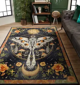 Washable Mystical Luna Moth Rugs Ultra Thin, Boho Moody Black Floral Aesthetic Bedroom Rugs  Hippie Celestial Trendy Indie Dorm Rug, Retro Cute 5x7 Area Rug for Dining Living Room Entryway