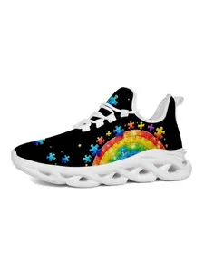 Neutral Rainbow Puzzle Print Sneakers, Casual All-Over Print, Textile Upper, Eva Sole, Anti-Slip, Comfortable for All Seasons