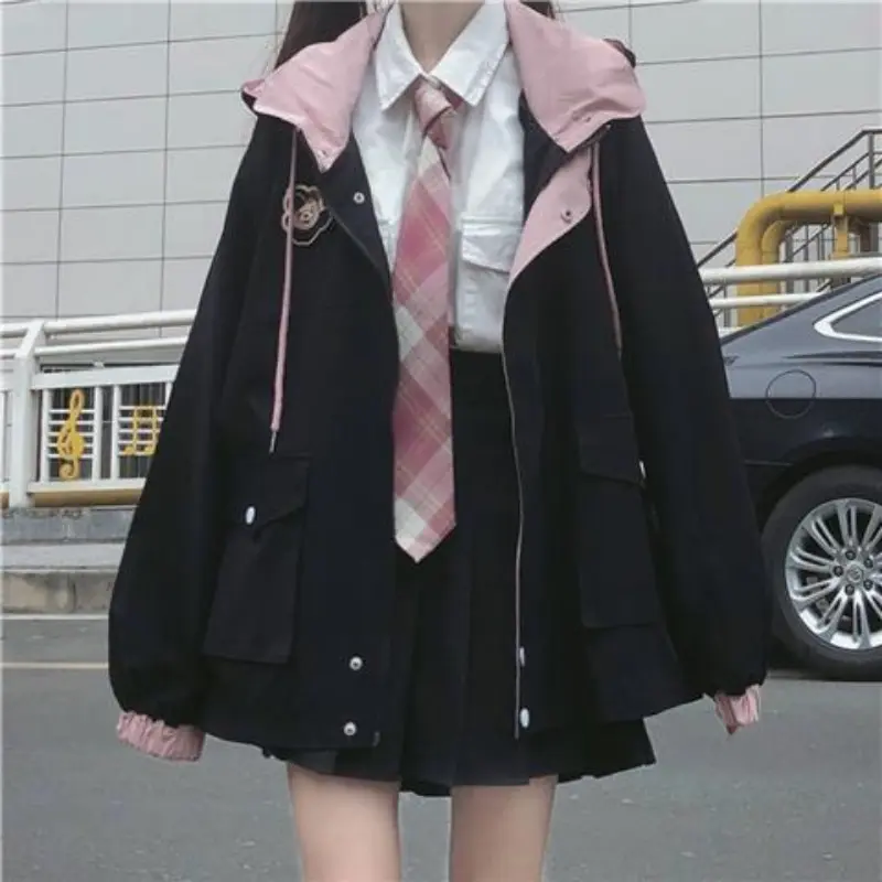 Streetwear Oversized Jackets for Women 2025 Ropa Mujer Fashion Japanese Outwear Y2k Tops Hooded Casual Black Coat Preppy Style