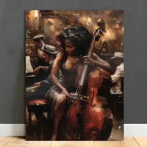 Jazz Band Female Cello Player Canvas Art Print, with Wooden Frame - Perfect Choice for Living Room, Bedroom, Office Decoration Ideal Gift for Music Lovers Wall Decoration Poster Ornaments Artistic