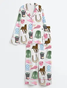 Derby 2026 Inspired Satin Pajama Set, Floral Print Long Sleeve Sleepwear with Pockets, Silky Chic Lounge Outfit, Cute Minimalist Nightwear Gift