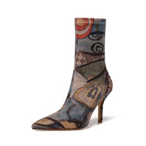 Vivianly Women's Vintage Stretch Pointed Toe Sock Booties - Mid-Calf Stiletto Heel Ankle Boots with Zipper Closure, Unique Design Pattern, Comfortable Elastic Fabric, All-Seasons Footwear