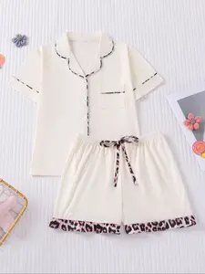 Children's 2-piece pajamas set, new style with short sleeves and shorts with a collar and pockets, fashionable pajamas, Casual Comfy Pajama, beautiful, comfortable soft pajamas, suitable for girls of middle and large size