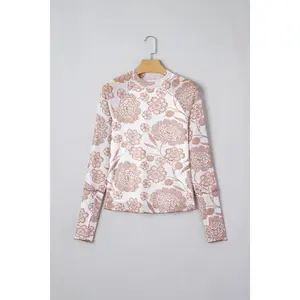 Brown Thumbhole Long Sleeve Floral Print Mesh Top