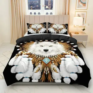 3PCS Duvet Cover Set, 1 Duvet+2 Pillowcases(Without filler), Wolf Feather Art Mystic Tribal theme, Halloween bedding set, Unique Luxury Comfortable Suitable for decoration Bedroom, Guest Room, Apartment, Hotel.