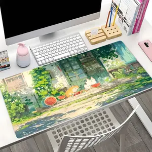 Cute Anime Summer Cat Scene XXL Desk Mat, Watercolor Art Mouse Pad, Anti Slip Rubber Durable Base,  For Home Office Large Desk Mat, Cozy Aesthetic Decor Gift