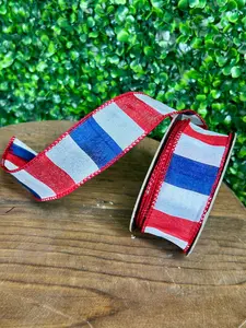 1.5 Inch By 10 Yard Red White And Blue American Dupioni Bar Wired Edge Ribbon