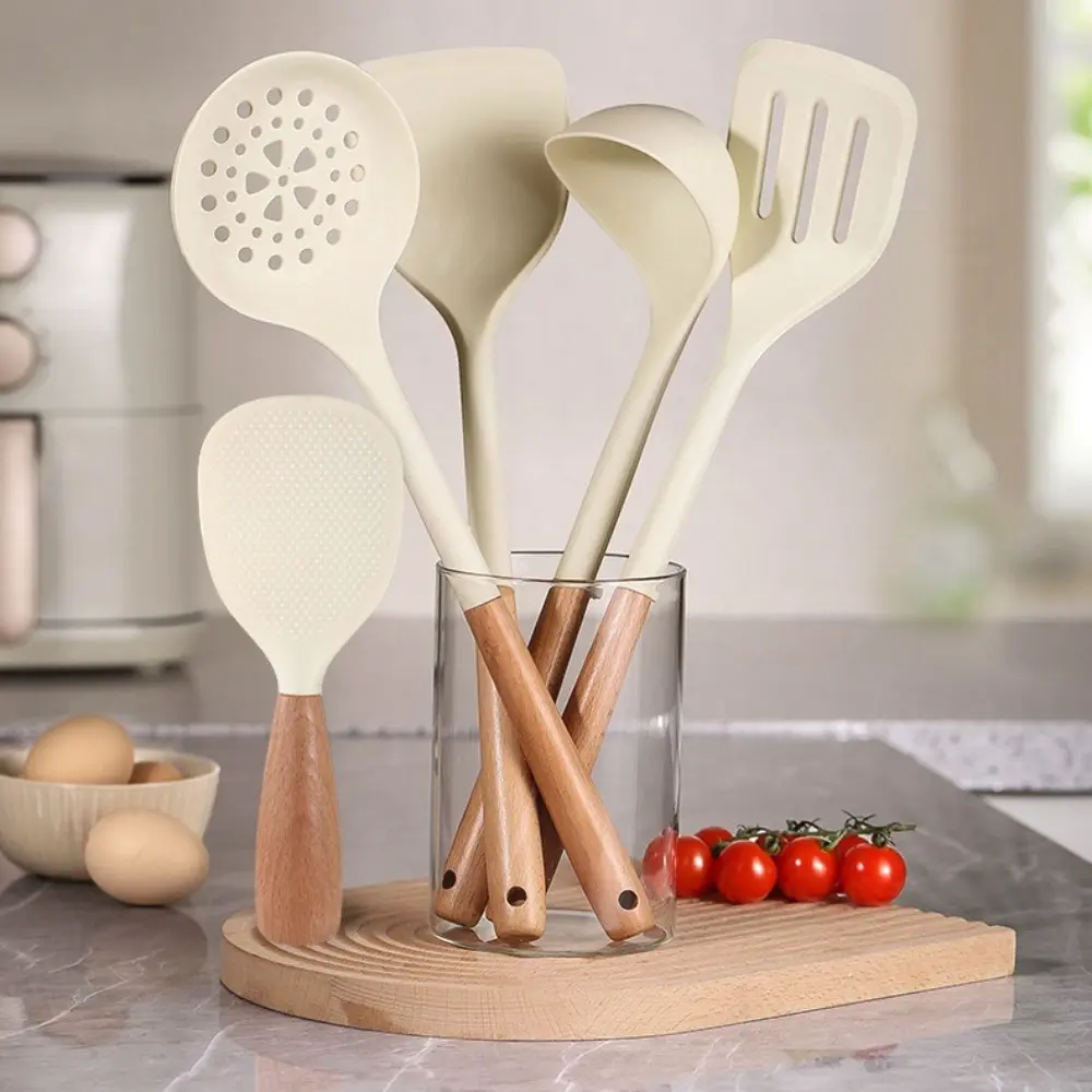 5-Piece Silicone Kitchen Utensils Set with Wooden Handles, Non-Stick Heat Resistant Durable Easy Clean Kitchen Tools and Gadgets for Every Chef, Home Kitchen Use