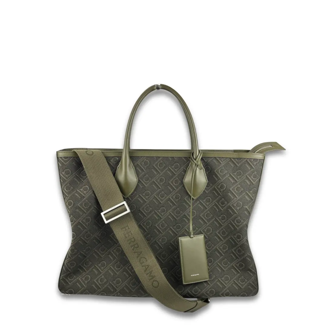 Pre-owned SALVATORE FERRAGAMO Jacquard Shoulder Bags Ferragamo Green Top Handle Tote