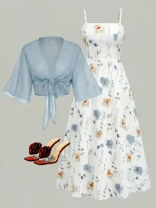 Women's Elegant Floral Chiffon Dress Set, Summer Fashion Two-Piece, Casual Daily Wear, Perfect for Dates and Vacations