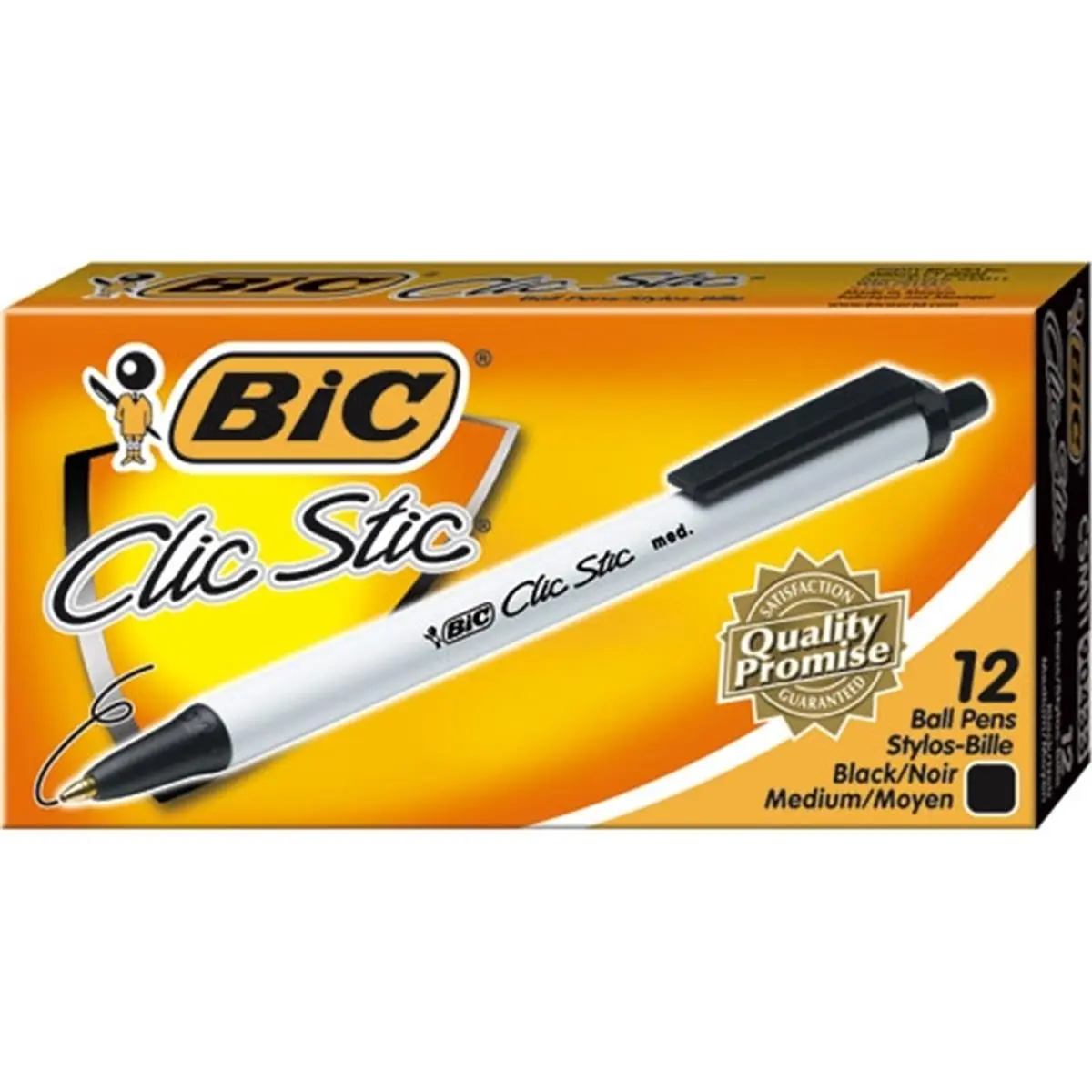 BIC Clic Stic Retractable Pen, Black, Tungsten Carbide Tip, Brass Components, Comfortable Round Barrel Design, Pocket Clip, Ideal for PreK-8 Students & Office Use, Clip Attachment Pens & Refills, 12 Ball Pens