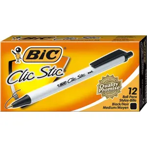 BIC Clic Stic Retractable Pen, Black, Tungsten Carbide Tip, Brass Components, Comfortable Round Barrel Design, Pocket Clip, Ideal for PreK-8 Students & Office Use