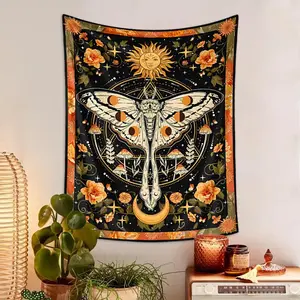 Bohemian Style Sun & Moon Pattern Tapestry, 1 Piece Vintage Flower Pattern Tapestry with Free Installation Accessories, Wall Hanging for Home Living Room Bedroom Decor, Tapestry Wall Mural