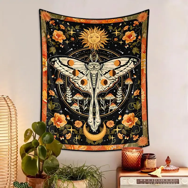 Bohemian Style Sun & Moon Pattern Tapestry, 1 Piece Vintage Flower Pattern Tapestry with Free Installation Accessories, Wall Hanging for Home Bedroom Living Room  Decor, Tapestry Wall Mural, Home Decor Supplies, Boho Room Decor