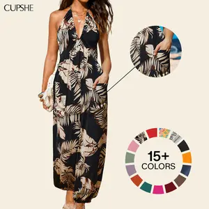 CUPSHE Plunge Halter Wide Leg Jumpsuit with Pockets Sleeveless Overalls– Adjustable Strap Lightweight Tropical Print Resortwear SpringStatements