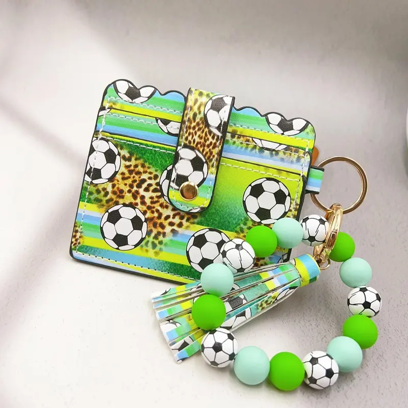 Cute Rugby Pattern Tassel Beaded Keychain with Outdoor Card Bag, Casual Trendy Keychain for Daily Use, Trendy All-match Car Keychain with Beads for Birthday Gift, Keychain For Bags, Keychain For Purse, Charms