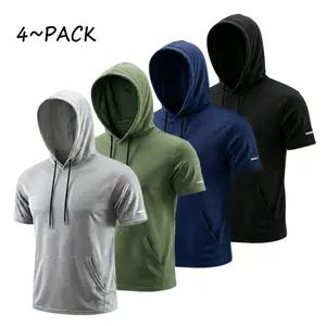 Men’s athletic hooded short-sleeve T-shirt, moisture-wicking mesh solid color sports top, quick-drying breathable lightweight pullover for summer, with kangaroo pocket and drawstring, loose fit