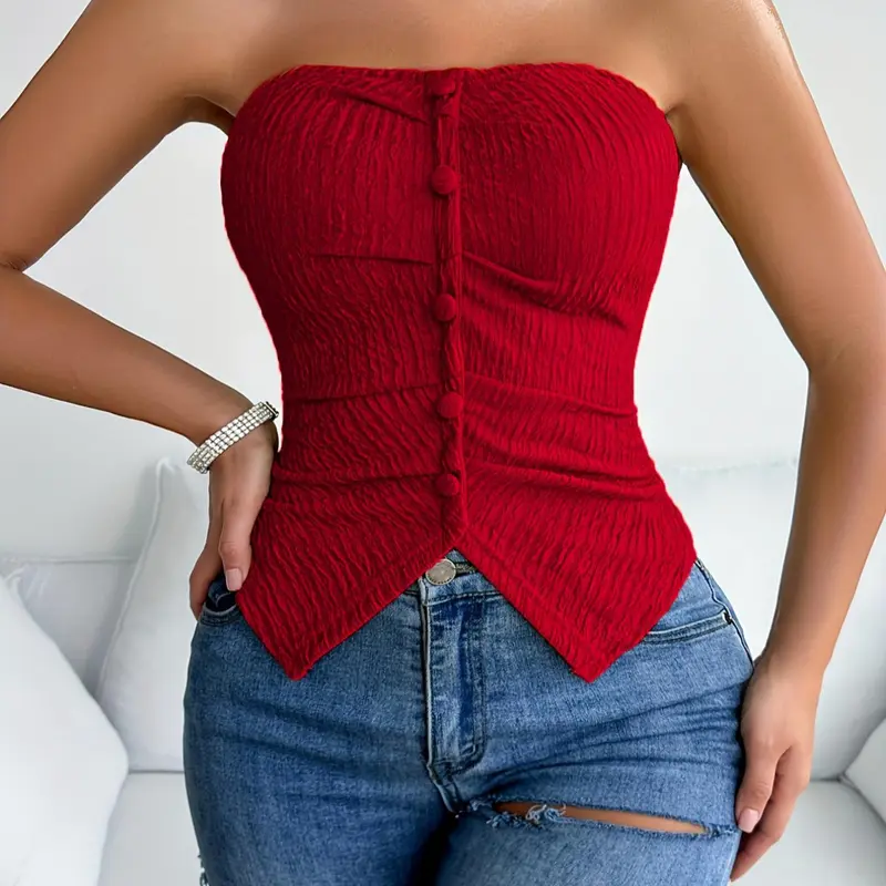 Women's Ruched Strapless Tube Top with Decorative Buttons, Fitted Slimming Solid Color Summer Top, Versatile Style Sleeveless Tops, Elegant Blouse for Casual Commute, Shopping, Dating and Daily Outings