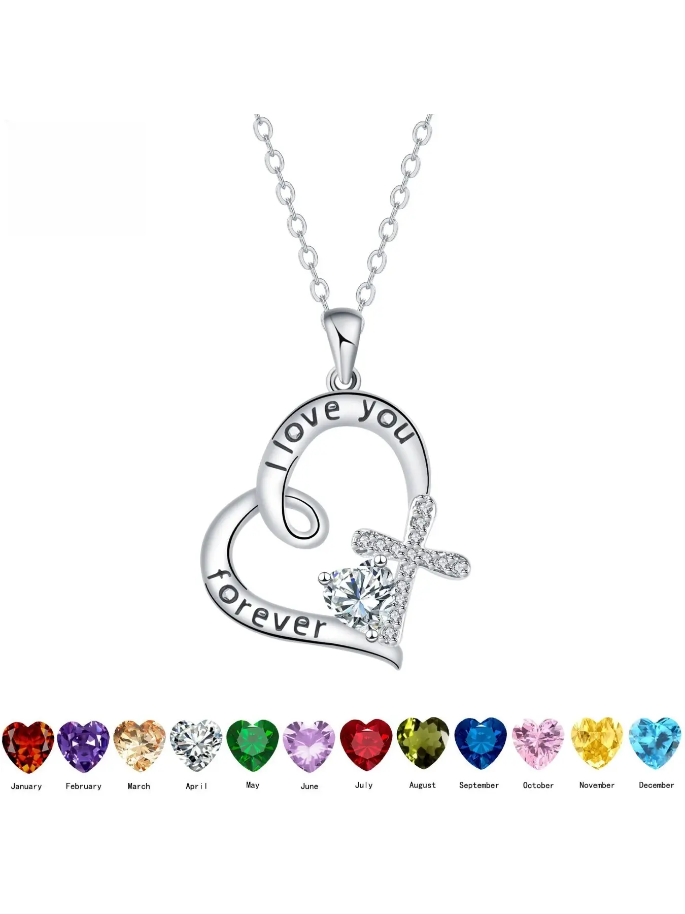Heart shaped diamond necklace with love cross for women, Personalized Necklace, including white gift box and birthstone pendant necklace, I Love You women's jewelry, anniversary birthday Christmas jewelry gift for mom, wife, girlfriend
